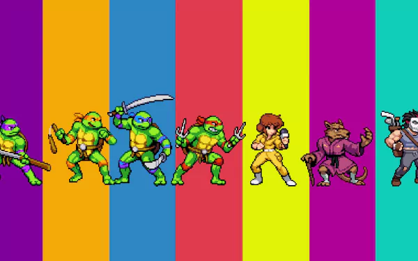 HD desktop wallpaper featuring pixel art characters from Teenage Mutant Ninja Turtles: Shredder's Revenge game on a colorful striped background.