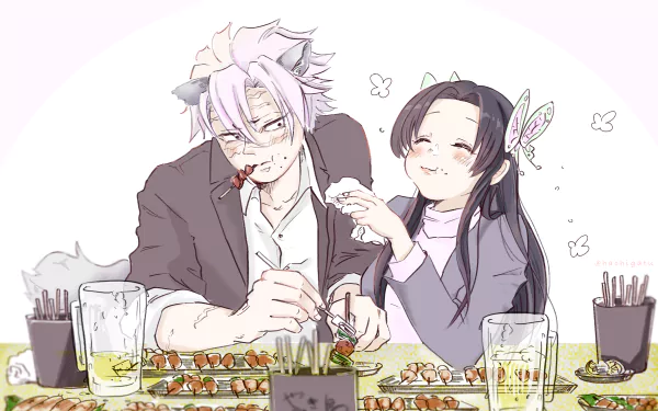 Sanemi Shinazugawa and Kanae Kocho from Demon Slayer: Kimetsu no Yaiba share a lighthearted moment while enjoying a meal in this HD anime desktop wallpaper.