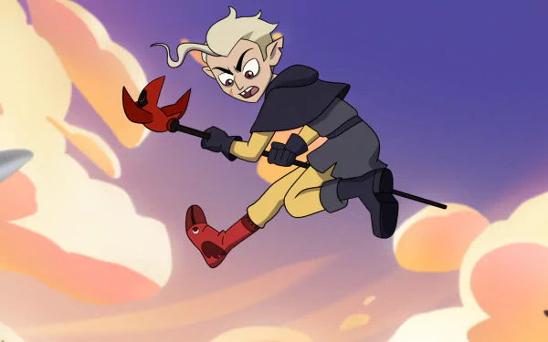 HD PC desktop wallpaper featuring Hunter from the TV show The Owl House, depicted mid-jump against a vibrant sky with clouds background.