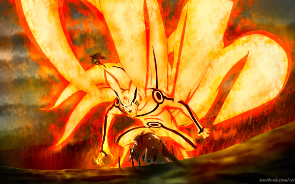 HD anime desktop wallpaper featuring Isshiki Otsutsuki confronting Kurama from Naruto, with intense fiery energy in the Boruto series style.