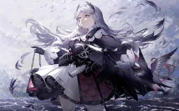 Irene from the Arknights video game standing in a stormy seascape, silver hair and dark ornate outfit, holding a lantern — 4K Ultra HD PC desktop wallpaper/background.