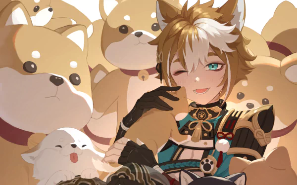 Gorou (Genshin Impact) surrounded by smiling Shiba dogs, winking and posing in an HD PC desktop wallpaper/background — video game art from Genshin Impact.