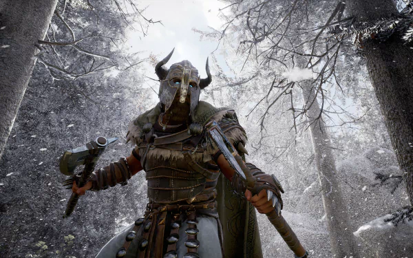 HD wallpaper featuring a warrior from Mortal Online 2 standing in a snowy forest, ready for action.