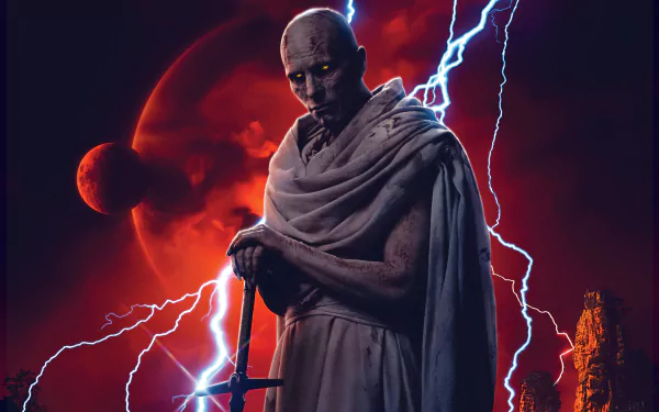 Gorr the God Butcher from Thor: Love and Thunder stands menacingly against a stormy red cosmic backdrop in this 4K Ultra HD PC desktop wallpaper.