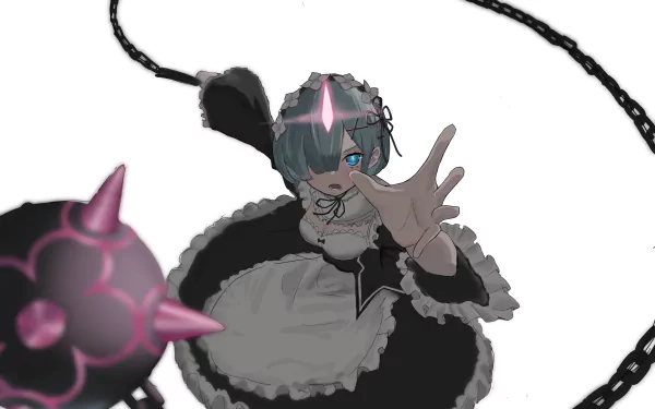 Rem from Re:Zero - Starting Life in Another World is depicted in detailed anime style, wielding a flail, rendered in 4K Ultra HD as a striking PC desktop wallpaper.