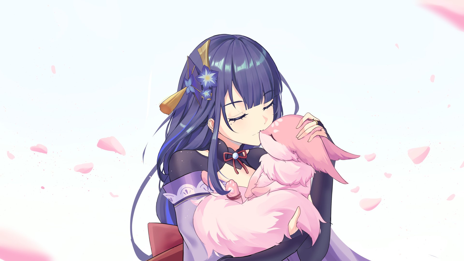 4K Ultra HD wallpaper featuring Yae Miko Guuji from Genshin Impact gently hugging a pink fox, with Baal Raiden Shogun elements and floating cherry blossom petals.