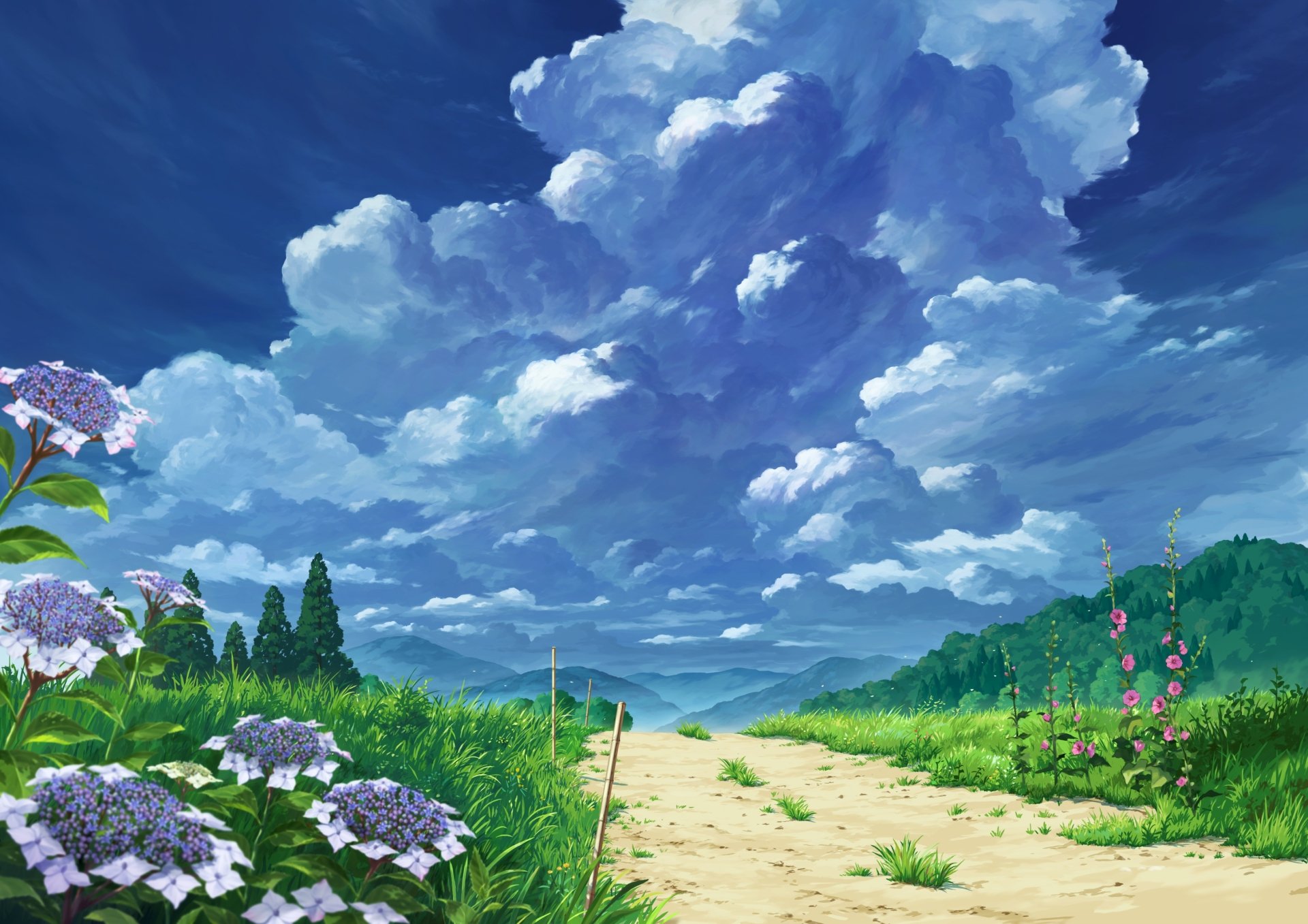 Artistic HD PC desktop wallpaper depicting a bright, scenic landscape with a dirt path, vibrant flowers, green hills, and dramatic clouds under a blue sky.
