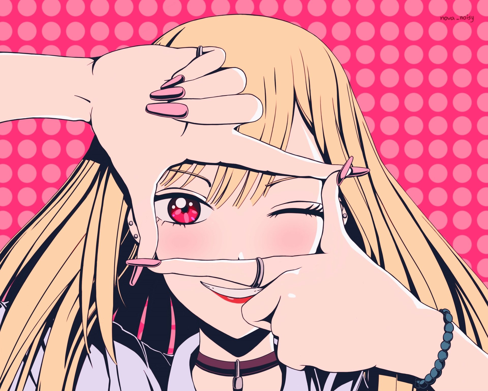 Marin Kitagawa from My Dress-Up Darling winks and frames her face with her hands against a pink polka-dot background — 4K Ultra HD anime desktop wallpaper.