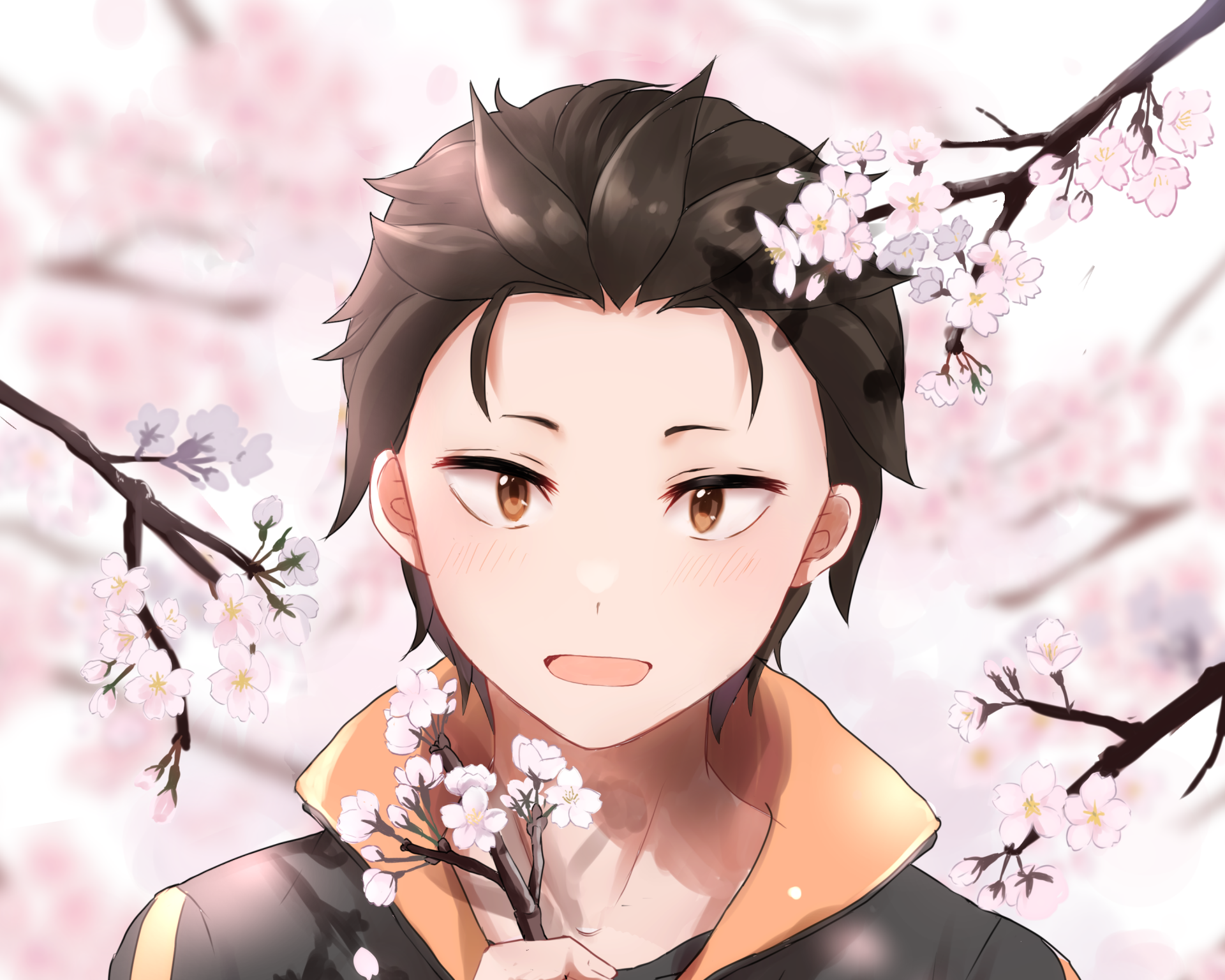 Subaru Natsuki from Re:Zero smiling among pink cherry blossoms, 2K Quad HD anime PC desktop wallpaper and background.