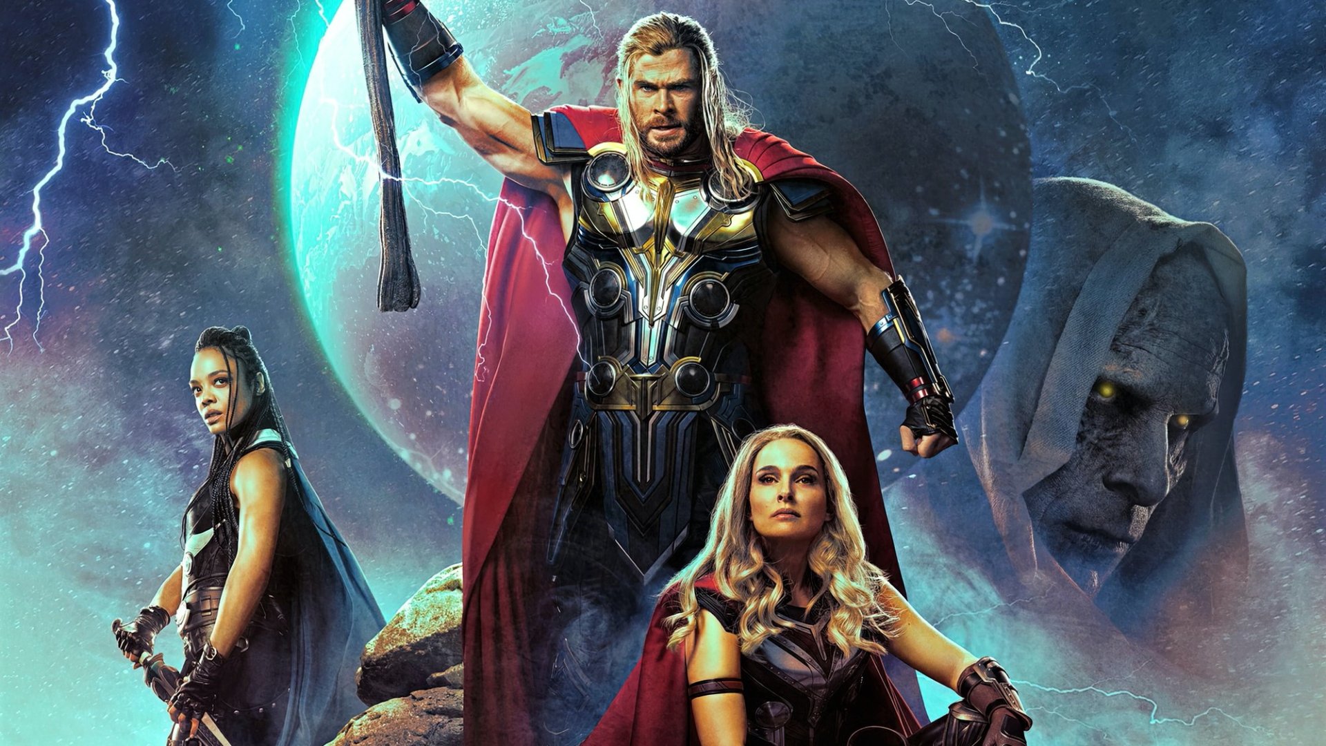 HD PC wallpaper featuring Thor, Valkyrie, Jane Foster, and Gorr the God Butcher from the movie Thor: Love and Thunder in dynamic poses against a cosmic backdrop.
