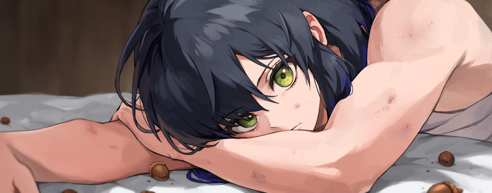 HD PC desktop wallpaper featuring Inosuke Hashibira from the anime Demon Slayer: Kimetsu no Yaiba, showcasing a close-up of the character with expressive green eyes.