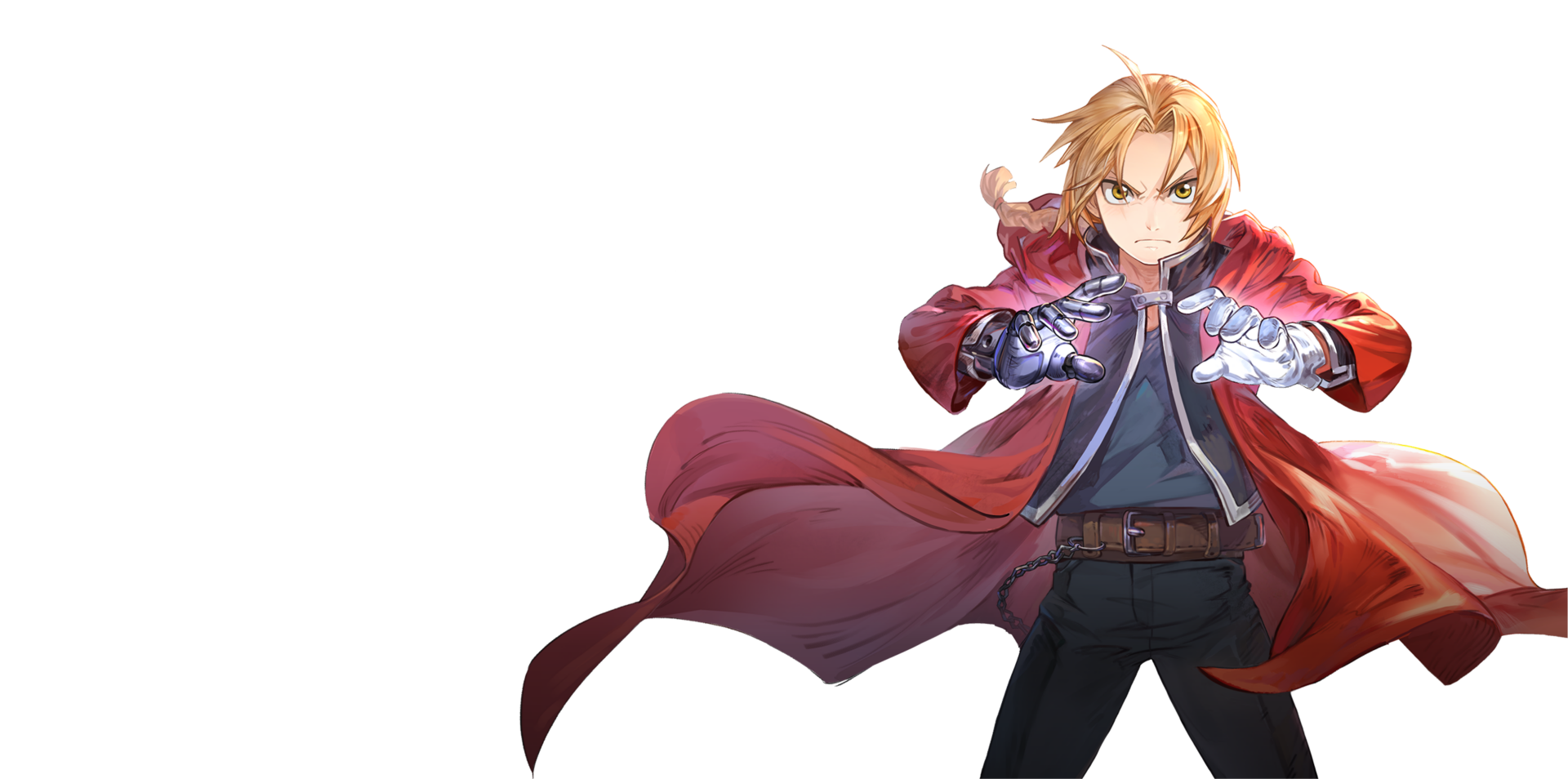 Edward Elric from Fullmetal Alchemist Mobile, red coat billowing, alchemy glow on his automail hands — 2K Quad HD PC desktop wallpaper and background, video game art.