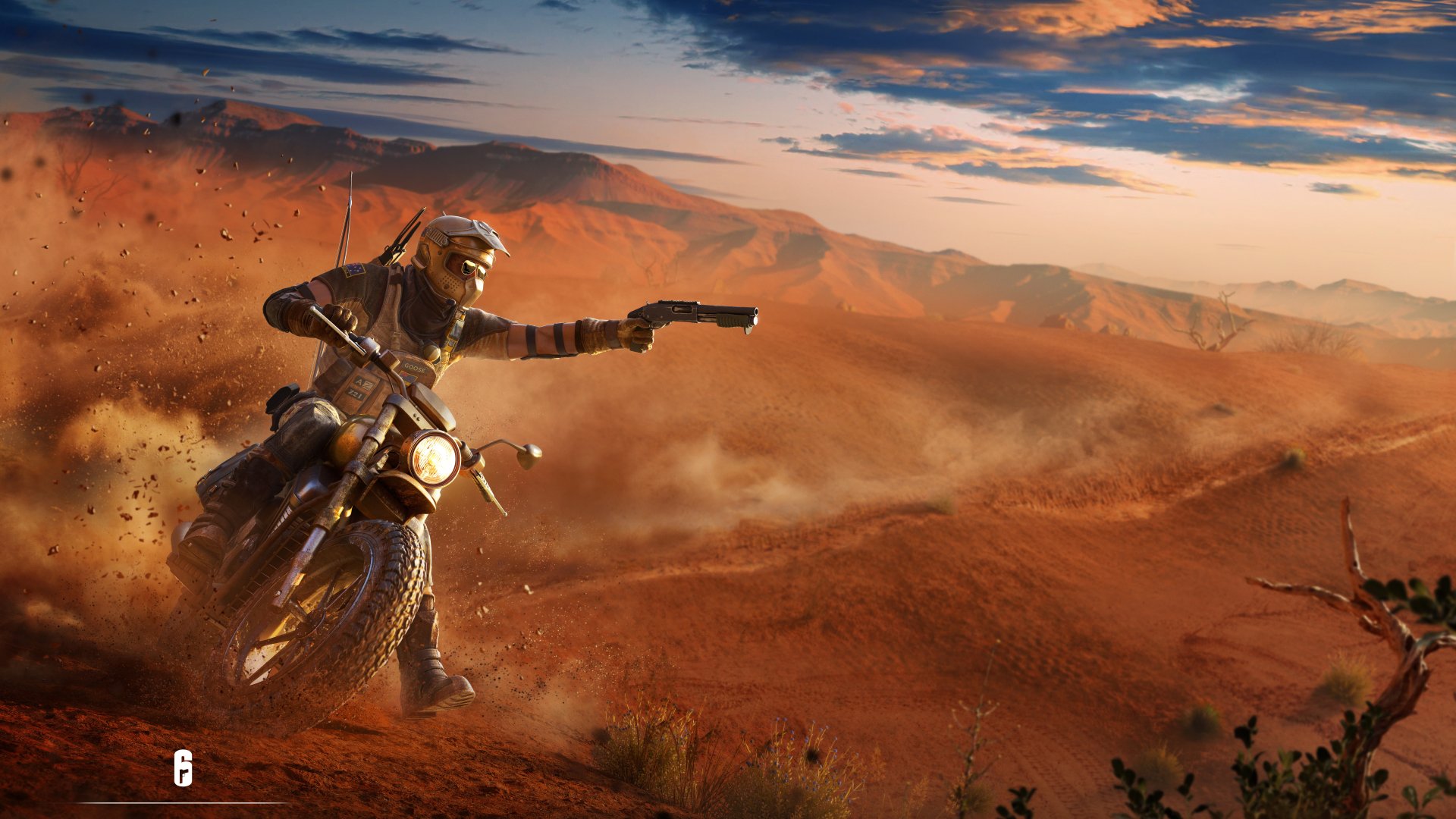 An 8K Ultra HD PC wallpaper from Tom Clancy's Rainbow Six: Siege depicting a character on a motorcycle firing a pistol across a desert landscape at dusk.