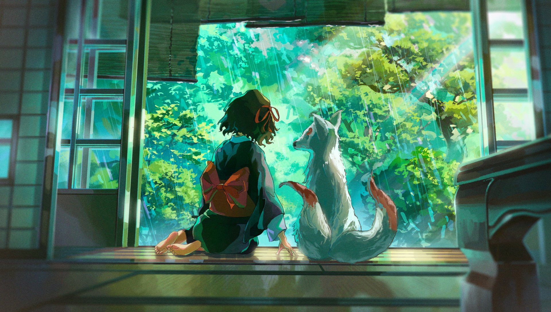 4K Ultra HD anime wallpaper depicting an anime girl with a red bow sitting beside a white dog, gazing out at a vibrant, sunlit forest scene through large windows.