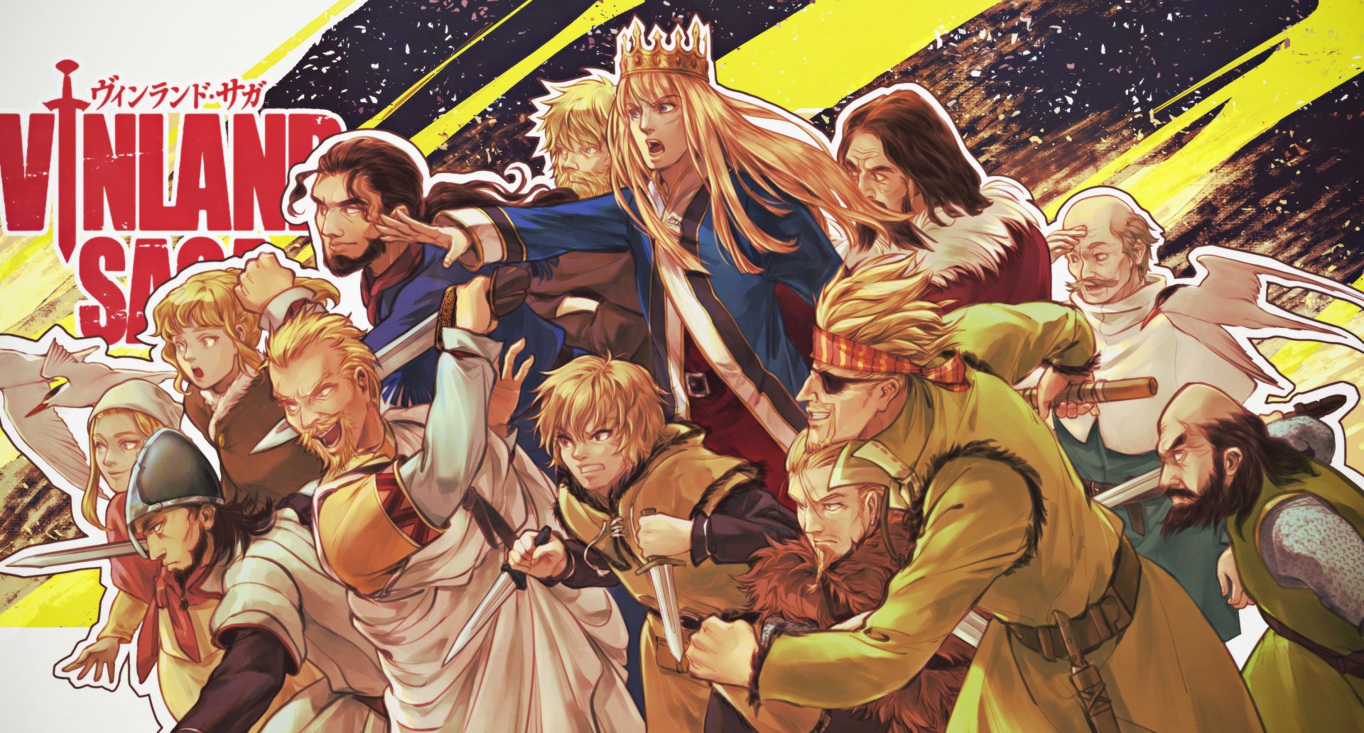 HD PC desktop wallpaper featuring dynamic characters from the anime Vinland Saga in an action-packed, colorful composition.