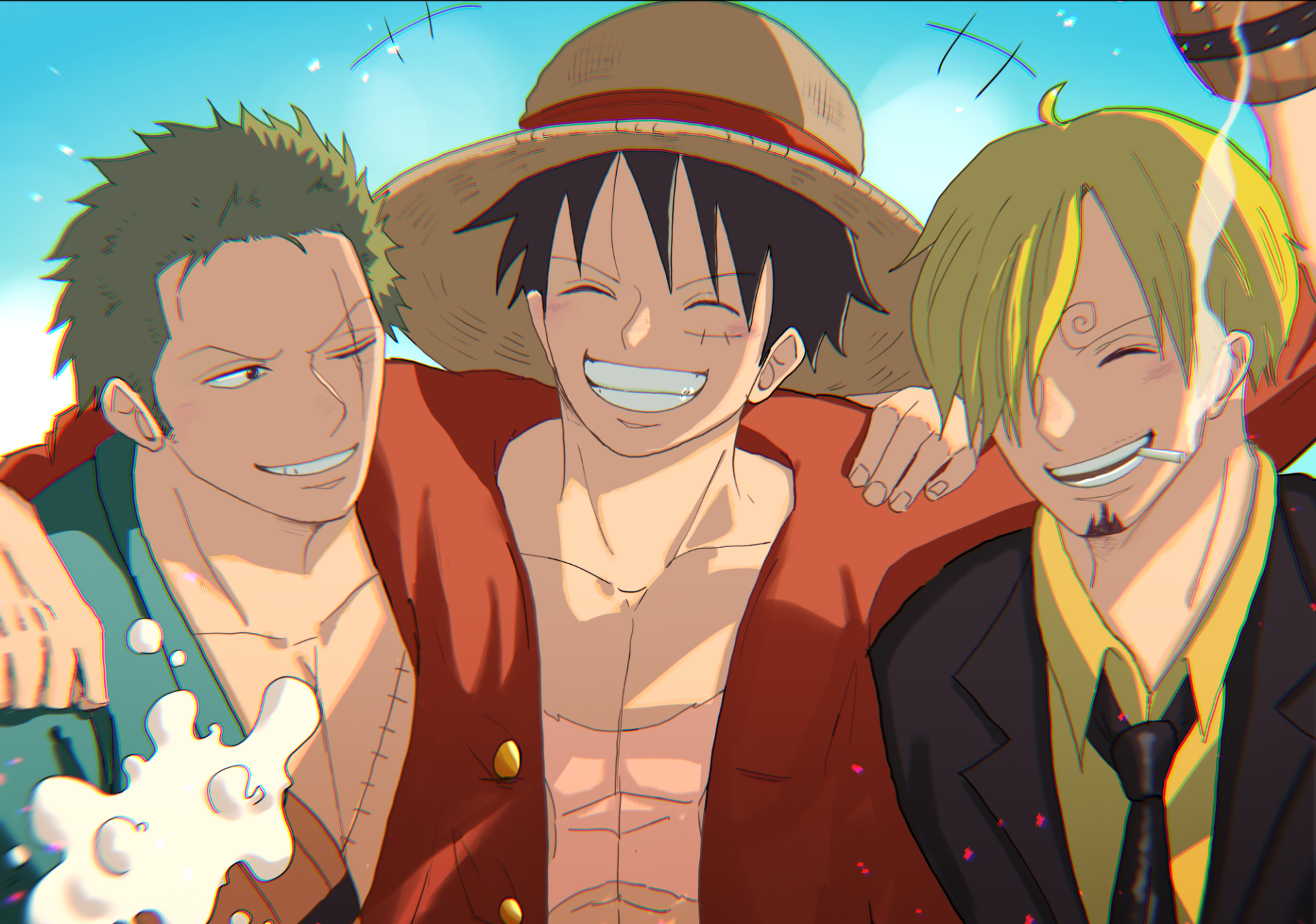 HD desktop wallpaper featuring One Piece anime characters Monkey D. Luffy, Roronoa Zoro, and Sanji smiling together.