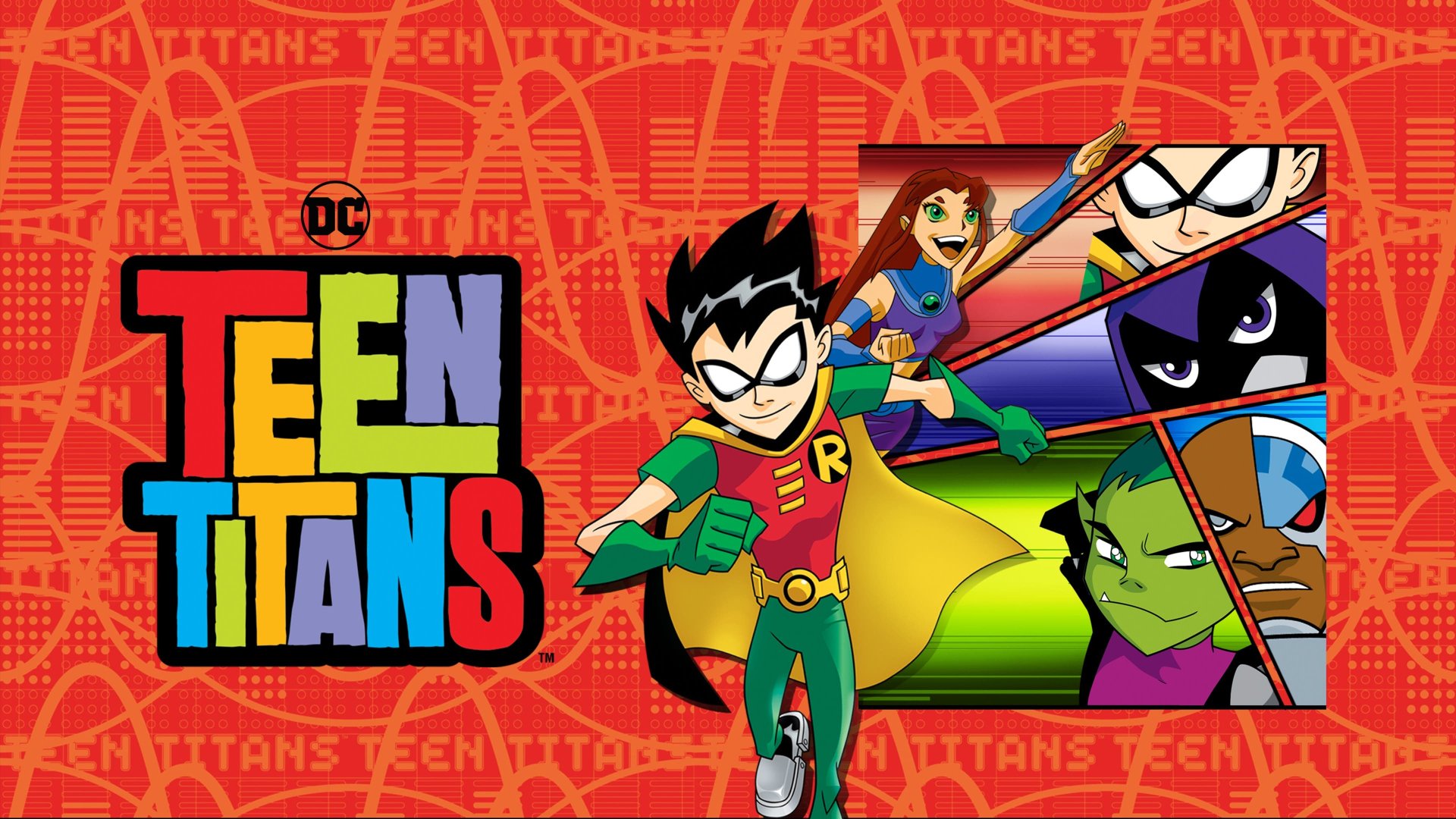 4K Ultra HD Teen Titans TV show wallpaper featuring Raven, Cyborg, Beast Boy, Starfire, and Robin in vibrant, dynamic poses with the colorful Teen Titans logo.
