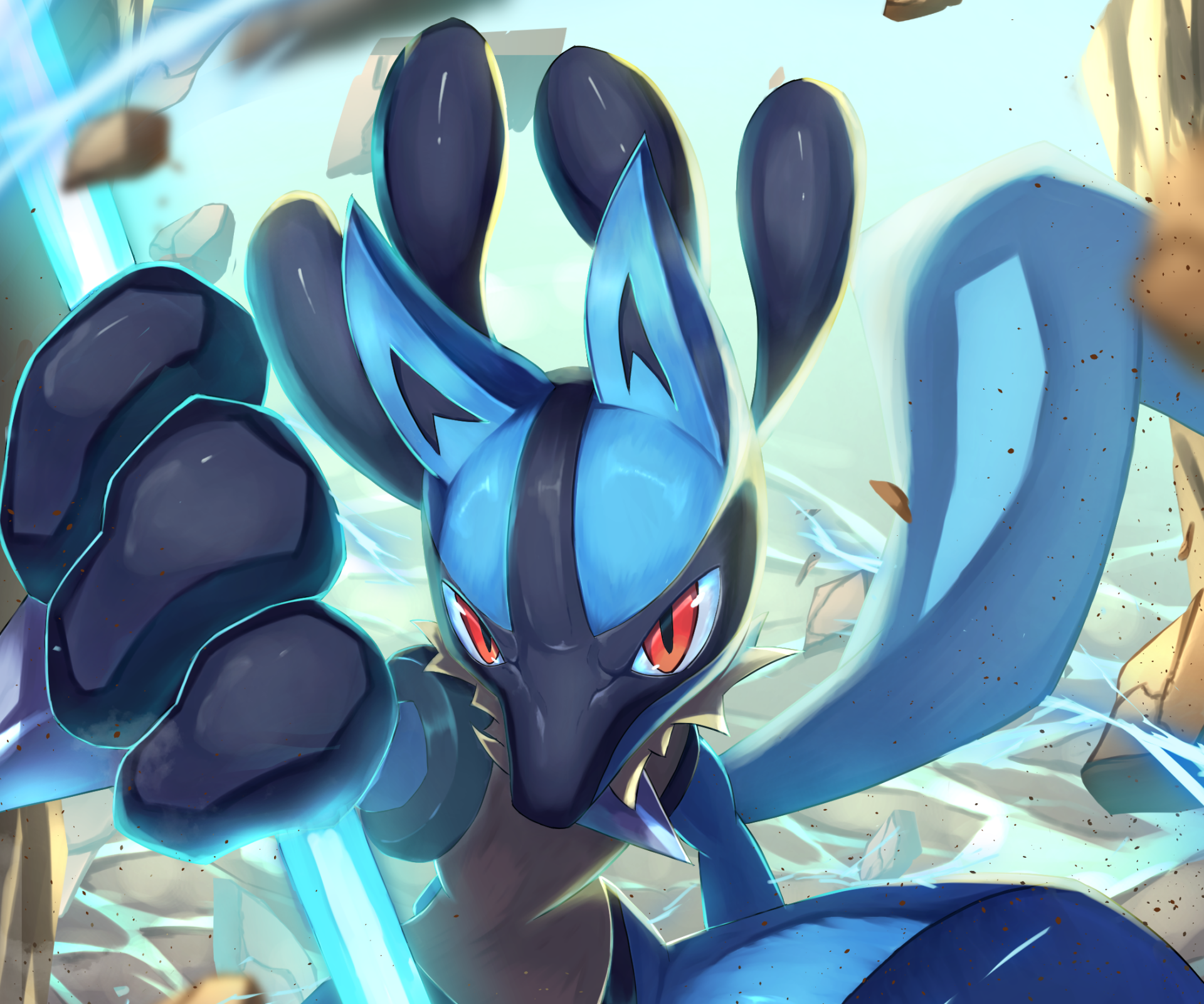 HD PC desktop wallpaper featuring Lucario, the iconic Pokémon, showcasing dynamic action with glowing blue energy effects from the video game series.