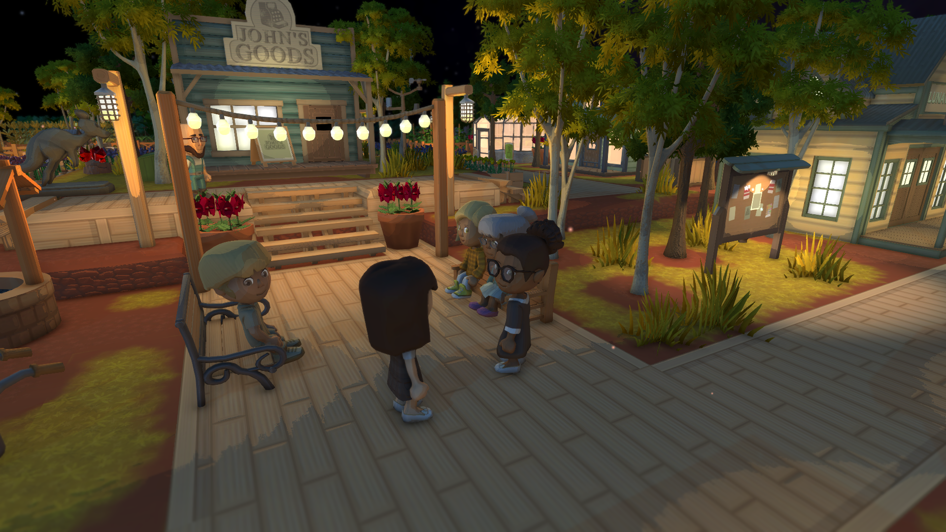 HD desktop wallpaper featuring characters and the store 'John's Goods' at night in the game Dinkum.