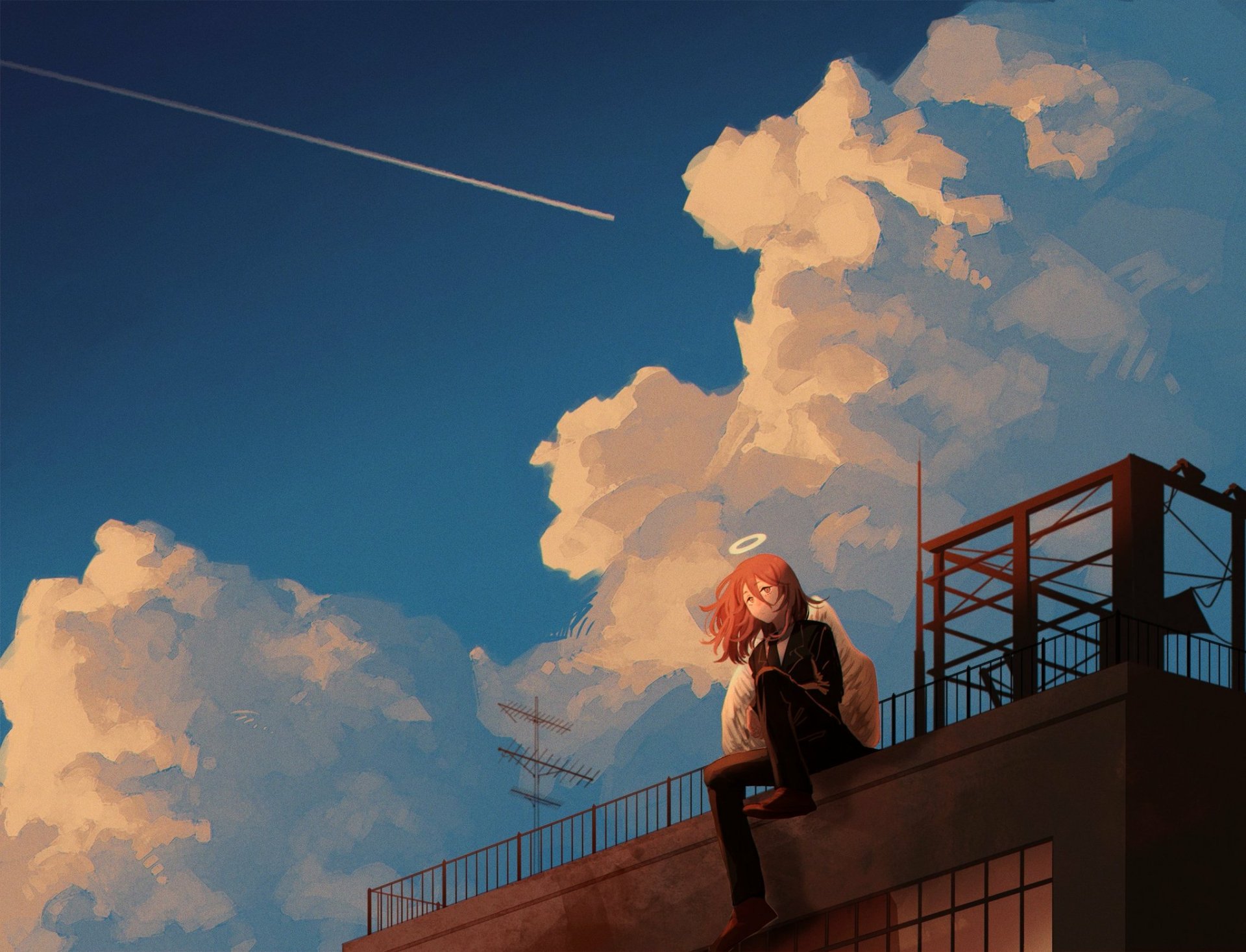 HD PC desktop wallpaper featuring Angel Devil (Chainsaw Man): anime-style rooftop at sunset, haloed red-haired figure perched on a building edge under dramatic clouds.