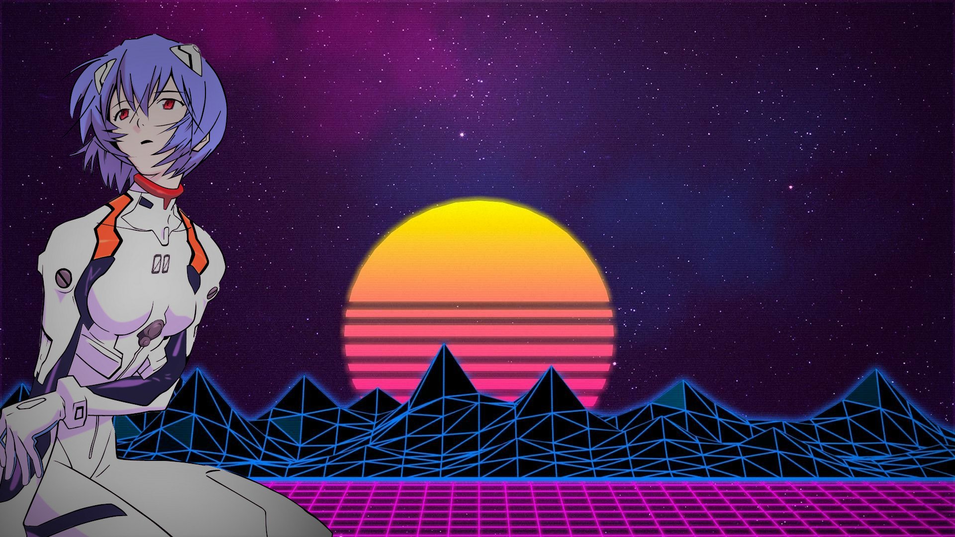 HD PC desktop wallpaper featuring Rei Ayanami from Neon Genesis Evangelion against a retro-futuristic grid landscape with a vibrant sunset and starry sky background.