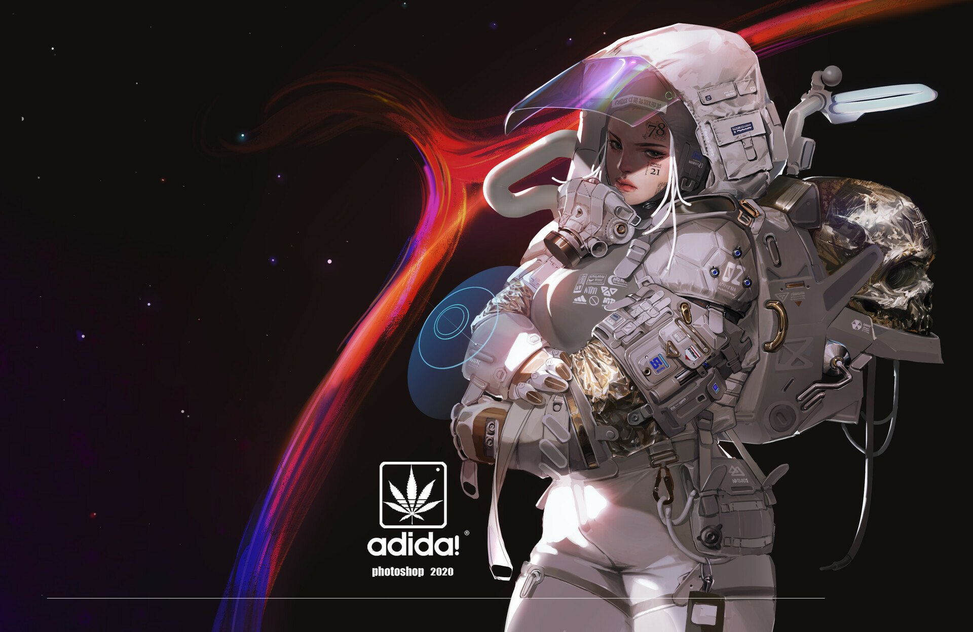 High-definition desktop wallpaper featuring a stylized astronaut with Adidas branding against a cosmic backdrop with vibrant celestial patterns.