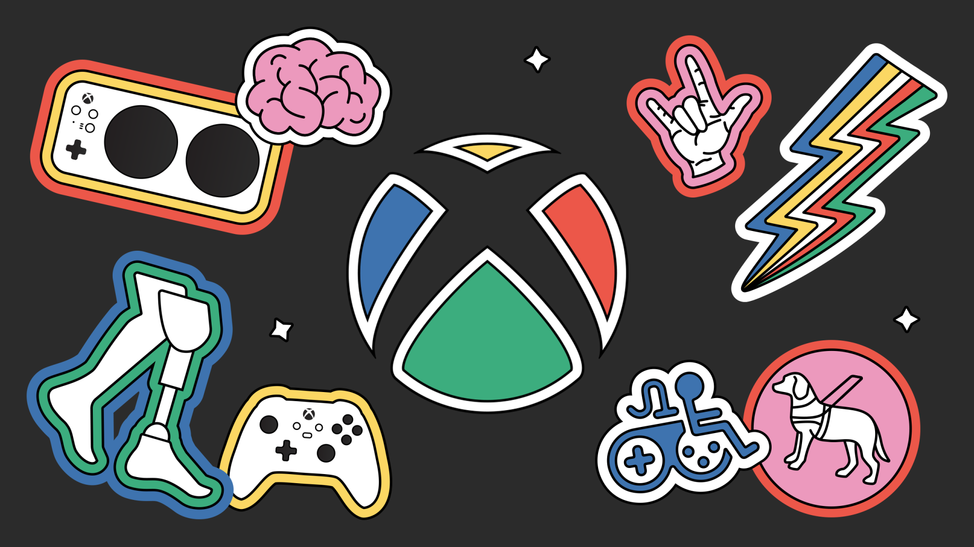 HD Xbox themed desktop wallpaper featuring colorful gaming icons and Xbox logo on a dark background.