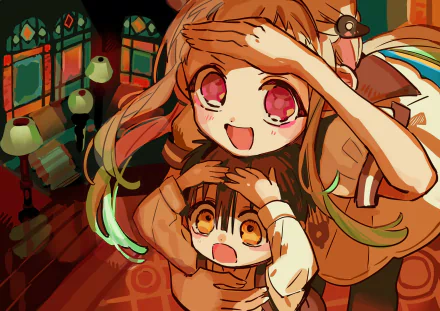 HD PC desktop wallpaper featuring Yashiro Nene and Hanako-kun from the anime Toilet-bound Hanako-kun in a vibrant, playful scene.