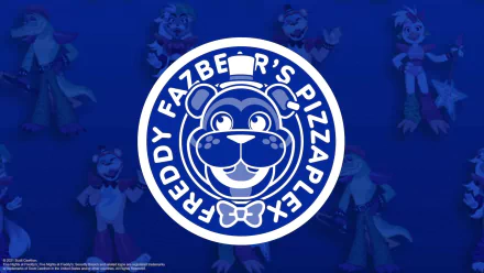HD PC desktop wallpaper featuring Freddy Fazbear's Pizzaplex logo and shadowy animatronics from the video game Five Nights at Freddy's: Security Breach on a blue background.