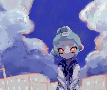 Octoling from the video game Splatoon with glowing red eyes against brooding clouds — stylized artwork rendered as a 2K Quad HD PC desktop wallpaper and background.
