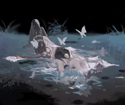 Ganyu (Genshin Impact) lies amid pale butterflies on a misty blue-gray ground, soft ethereal lighting. HD PC desktop wallpaper and video game background.