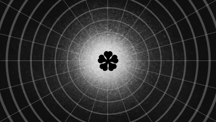 Black Clover-themed HD PC desktop wallpaper featuring a central black clover symbol with concentric grid circles radiating outward on a dark, textured background.
