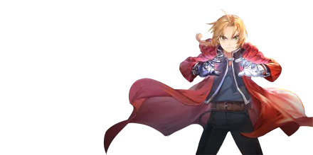 Edward Elric from Fullmetal Alchemist Mobile, red coat billowing, alchemy glow on his automail hands — 2K Quad HD PC desktop wallpaper and background, video game art.