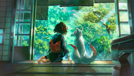 4K Ultra HD anime wallpaper depicting an anime girl with a red bow sitting beside a white dog, gazing out at a vibrant, sunlit forest scene through large windows.