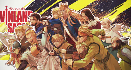 HD PC desktop wallpaper featuring dynamic characters from the anime Vinland Saga in an action-packed, colorful composition.
