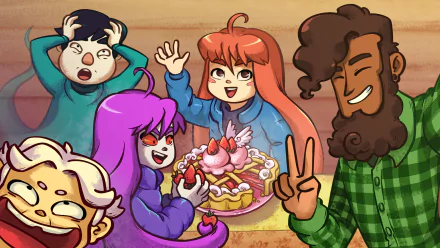 HD PC desktop wallpaper featuring vibrant characters from Celeste celebrating around a cake, showcasing colorful and dynamic animation style.
