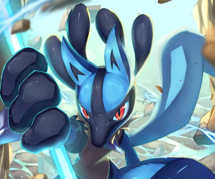 HD PC desktop wallpaper featuring Lucario, the iconic Pokémon, showcasing dynamic action with glowing blue energy effects from the video game series.
