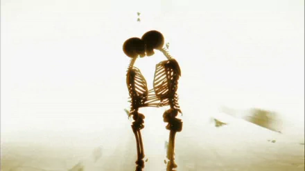 HD PC desktop wallpaper featuring two skeletons kissing, inspired by the movie Watchmen, set against a bright, minimalistic background.