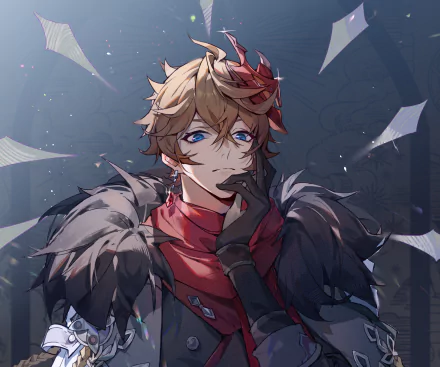 HD PC desktop wallpaper featuring Tartaglia Childe from the video game Genshin Impact, showcasing his detailed design with fur-trimmed attire and intense expression.