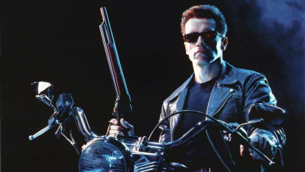 HD desktop wallpaper: leather-jacketed Terminator from Terminator 2: Judgment Day on a motorcycle, wearing sunglasses and holding a shotgun against blue-black dramatic lighting.