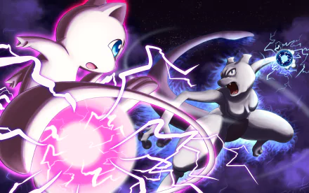 4K Ultra HD anime desktop wallpaper featuring Pokémon legends Mew and Mewtwo engaged in a dynamic, electrifying psychic battle against a cosmic backdrop.