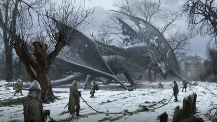 HD fantasy wallpaper depicting a massive wyvern chained and surrounded by armored figures in a snowy, barren landscape under a gray, overcast sky.