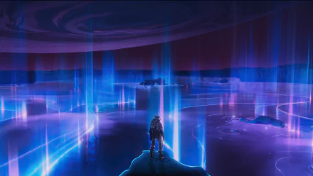 HD PC desktop wallpaper featuring a scene from the TV show Love Death & Robots, showcasing a lone figure amidst glowing, futuristic blue and purple pillars in a surreal landscape.