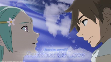 HD PC desktop background — anime (Eureka Seven): two characters face each other against a bright blue sky with clouds, Summer Of Love text along the bottom.