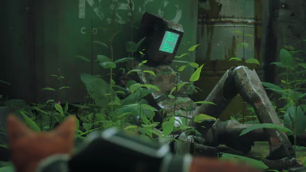 HD PC desktop wallpaper from the video game Stray: a cat peers at a moss-covered robot with a glowing green screen amid overgrown, rusted ruins.