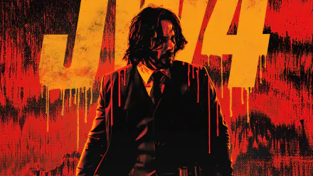 4K Ultra HD wallpaper featuring Keanu Reeves as John Wick in a dramatic pose from John Wick: Chapter 4, set against a bold red and orange background.