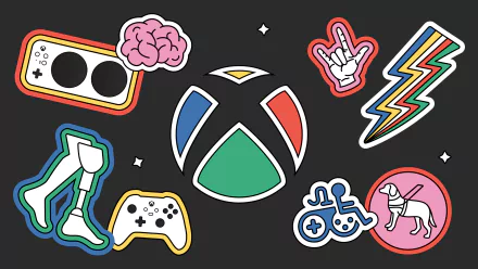 HD Xbox themed desktop wallpaper featuring colorful gaming icons and Xbox logo on a dark background.