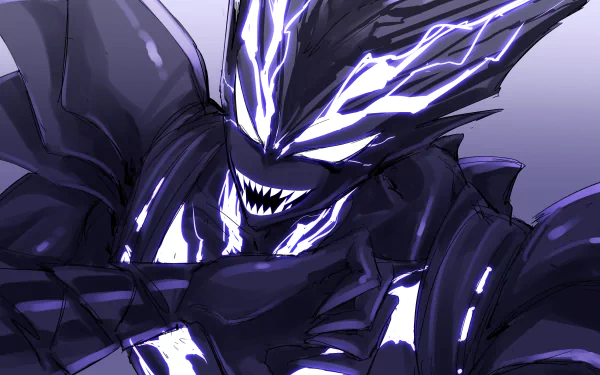 4K Ultra HD anime wallpaper featuring Garou from One-Punch Man with bold, electrifying Phonk-style lightning effects enhancing the dynamic background.