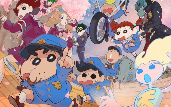 HD PC desktop wallpaper featuring vibrant anime-style characters from Crayon Shin-chan amidst a colorful, dynamic scene with cherry blossoms and action-packed expressions.