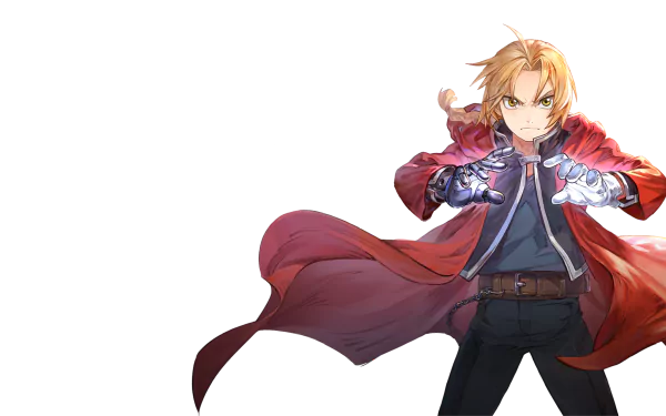 Edward Elric from Fullmetal Alchemist Mobile, red coat billowing, alchemy glow on his automail hands — 2K Quad HD PC desktop wallpaper and background, video game art.